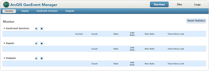 Empty Monitor page in GeoEvent Manager.