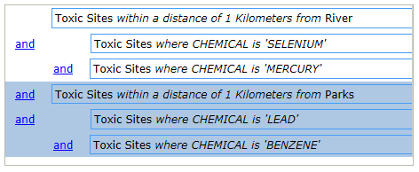 Select the second group of attribute expressions and the spatial expression to which they belong